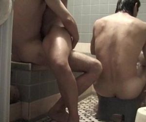 Asian babe with two friends in the bathroom -..